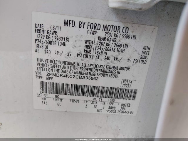 Aukcja sprzedaży 2012 Ford Edge Limited, vin: 2FMDK4KC2CBA05662, numer aukcji: 44891213