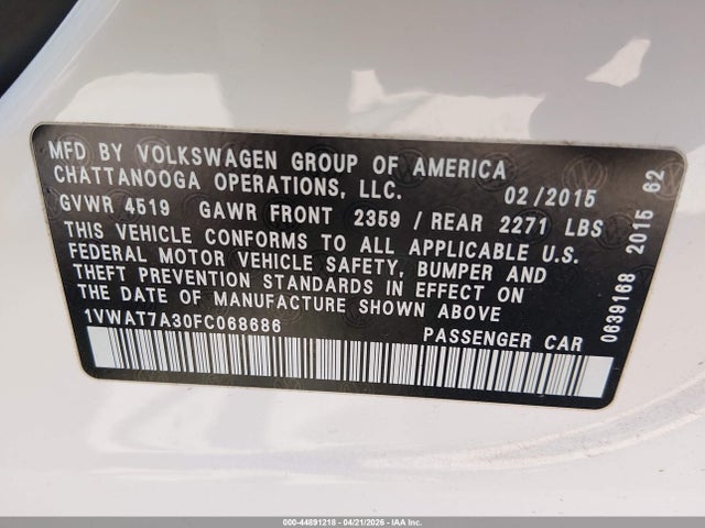 Продажа на аукционе авто 2015 Volkswagen Passat 1.8t Wolfsburg Edition, vin: 1VWAT7A30FC068686, номер лота: 44891218