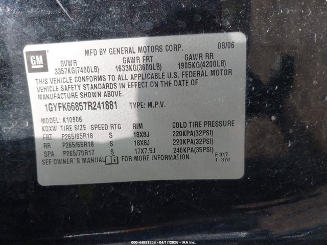 2007 Cadillac Escalade Esv Standard მანქანა იყიდება აუქციონზე, vin: 1GYFK66857R241881, აუქციონის ნომერი: 44891238