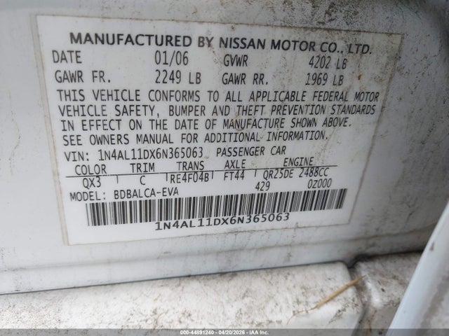 2006 Nissan Altima 2.5 S მანქანა იყიდება აუქციონზე, vin: 1N4AL11DX6N365063, აუქციონის ნომერი: 44891240