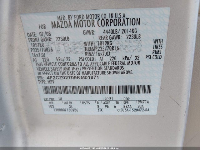 Aukcja sprzedaży 2009 Mazda Tribute I Touring, vin: 4F2CZ02709KM01871, numer aukcji: 44891242