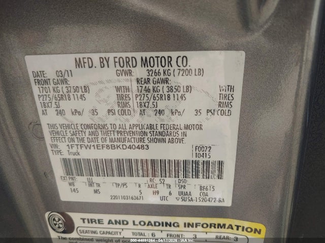 44891264 :رقم المزاد ، 1FTFW1EF8BKD40483 vin ، 2011 Ford F-150 Xlt مزاد بيع