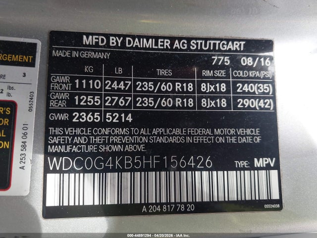 2017 Mercedes-benz Glc 300 4matic მანქანა იყიდება აუქციონზე, vin: WDC0G4KB5HF156426, აუქციონის ნომერი: 44891294