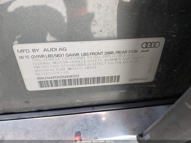 Продаж на аукціоні авто 2016 Audi A8 L 3.0t, vin: WAU34AFD0GN008322, номер лоту: 44891296
