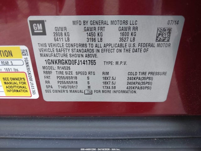 44891298 :رقم المزاد ، 1GNKRGKD0FJ141765 vin ، 2015 Chevrolet Traverse 1lt مزاد بيع