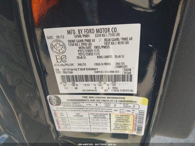 Продажа на аукционе авто 2013 Ford F-150 Fx4, vin: 1FTFW1ET3DFD50601, номер лота: 44891302