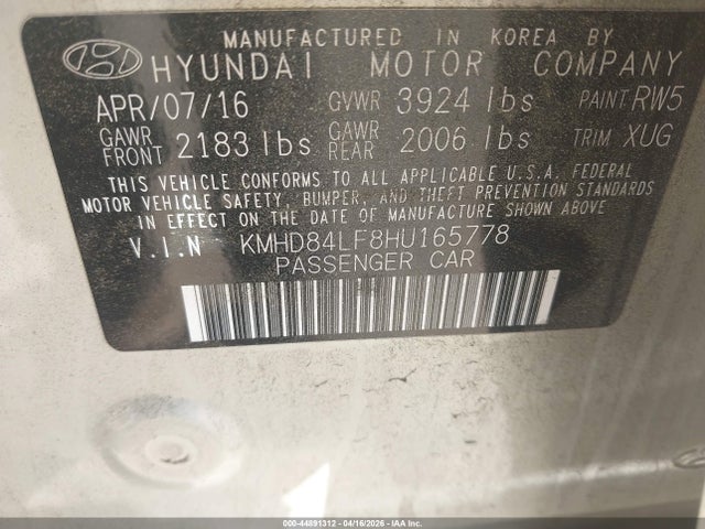 2017 Hyundai Elantra Se მანქანა იყიდება აუქციონზე, vin: KMHD84LF8HU165778, აუქციონის ნომერი: 44891312