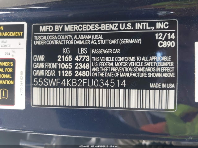 Продаж на аукціоні авто 2015 Mercedes-benz C 300 Luxury 4matic, vin: 55SWF4KB2FU034514, номер лоту: 44891317