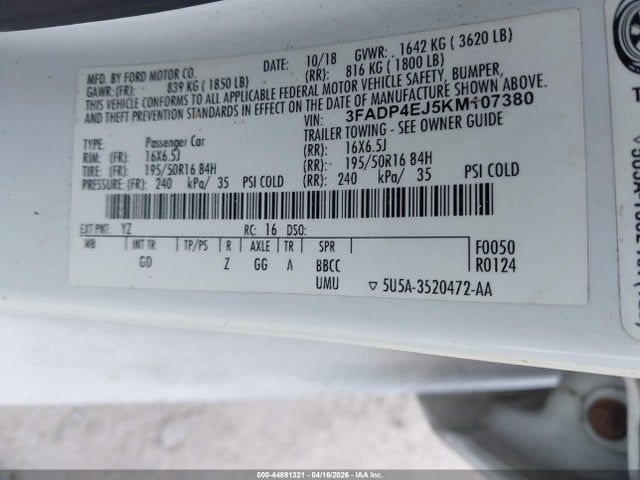 Продажа на аукционе авто 2019 Ford Fiesta Se, vin: 3FADP4EJ5KM107380, номер лота: 44891321