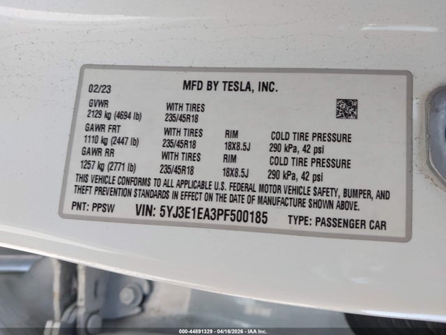 Продаж на аукціоні авто 2023 Tesla Model 3 Rear-wheel Drive, vin: 5YJ3E1EA3PF500185, номер лоту: 44891329