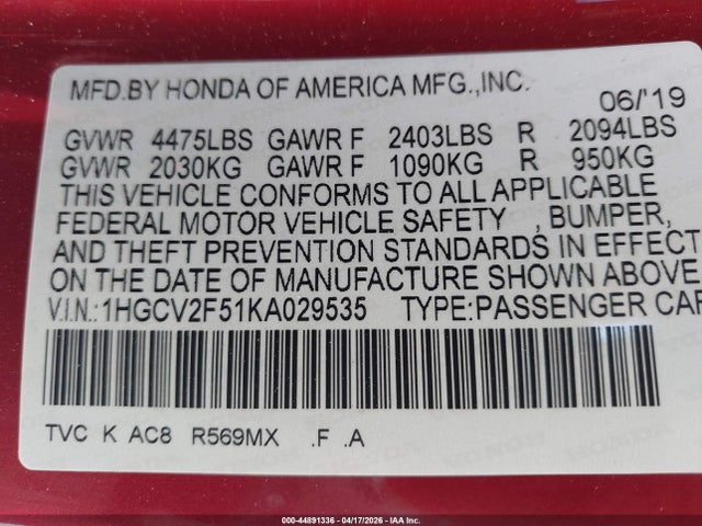 1HGCV2F51KA029535 Honda Accord Ex-l 2.0t