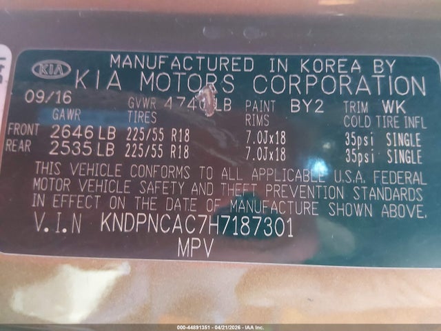 44891351 :رقم المزاد ، KNDPNCAC7H7187301 vin ، 2017 Kia Sportage Ex مزاد بيع