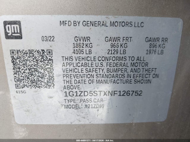2022 Chevrolet Malibu Fwd Lt მანქანა იყიდება აუქციონზე, vin: 1G1ZD5STXNF126752, აუქციონის ნომერი: 44891371