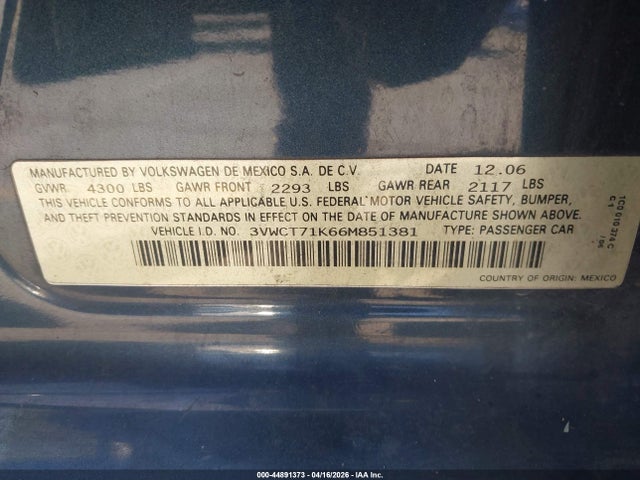 Aukcja sprzedaży 2006 Volkswagen Jetta Diesel, vin: 3VWCT71K66M851381, numer aukcji: 44891373