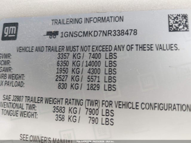 1GNSCMKD7NR338478 Chevrolet Tahoe 2wd Ls