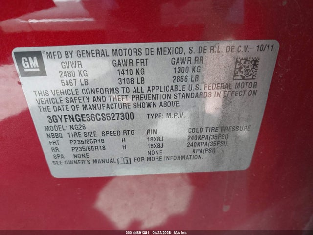 2012 Cadillac Srx Standard მანქანა იყიდება აუქციონზე, vin: 3GYFNGE36CS527300, აუქციონის ნომერი: 44891381