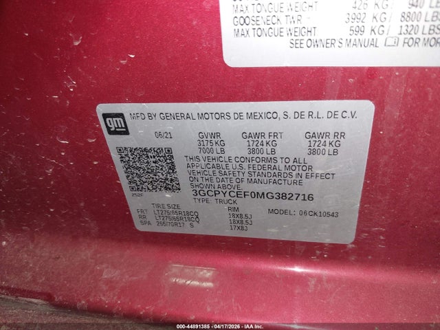 Aukcja sprzedaży 2021 Chevrolet Silverado 1500 4wd  Short Bed Custom Trail Boss, vin: 3GCPYCEF0MG382716, numer aukcji: 44891385