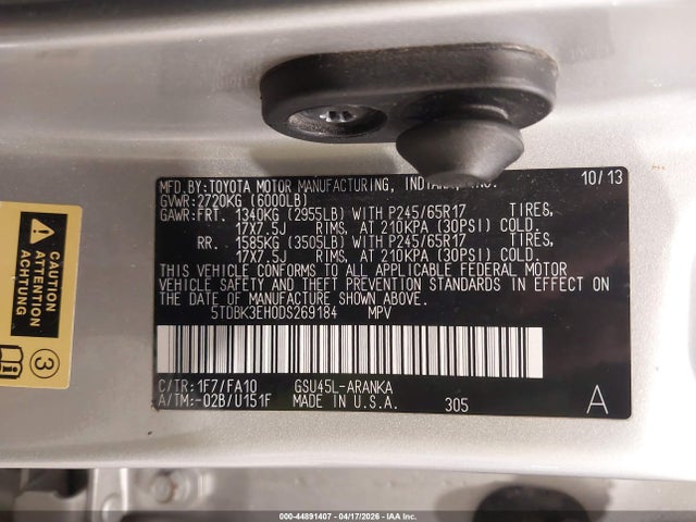 Aukcja sprzedaży 2013 Toyota Highlander Base Plus V6, vin: 5TDBK3EH0DS269184, numer aukcji: 44891407