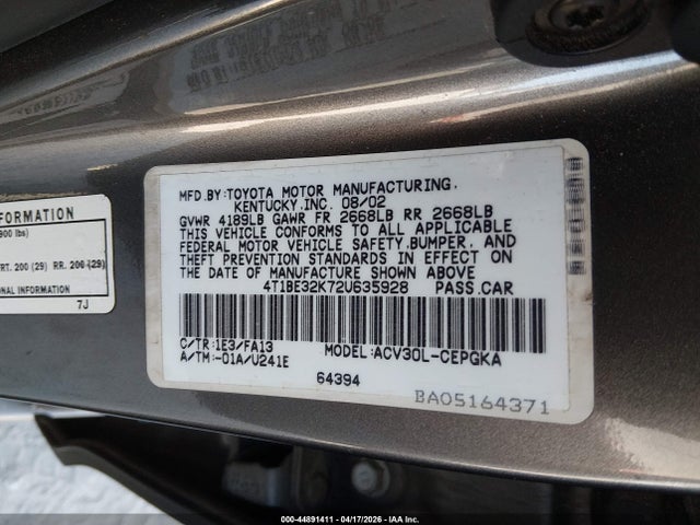 Продаж на аукціоні авто 2002 Toyota Camry Xle, vin: 4T1BE32K72U635928, номер лоту: 44891411