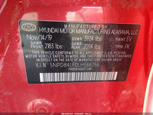 Aukcja sprzedaży 2020 Hyundai Elantra Sel, vin: 5NPD84LF0LH568256, numer aukcji: 44891423