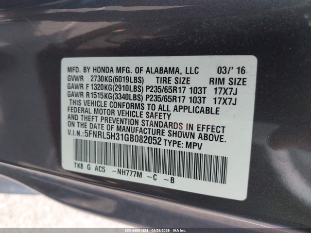 5FNRL5H31GB082052 Honda ODYSSEY SE
