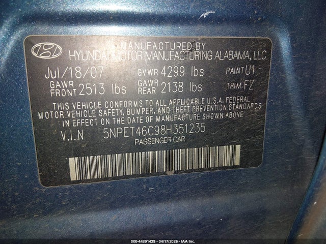 2008 Hyundai Sonata Gls მანქანა იყიდება აუქციონზე, vin: 5NPET46C98H351235, აუქციონის ნომერი: 44891429