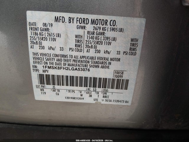 2020 Ford Explorer Limited მანქანა იყიდება აუქციონზე, vin: 1FMSK8FH2LGA53076, აუქციონის ნომერი: 44891430