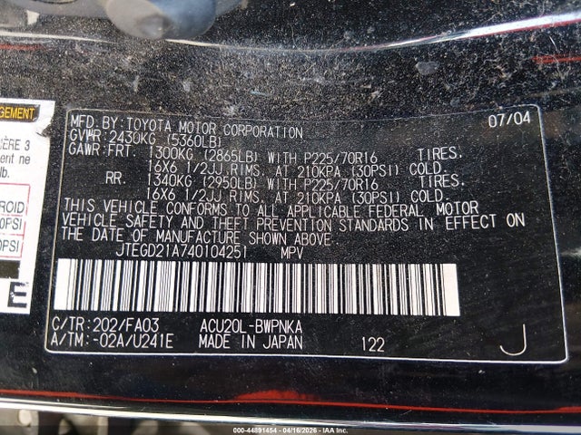 Aukcja sprzedaży 2004 Toyota Highlander, vin: JTEGD21A740104251, numer aukcji: 44891454