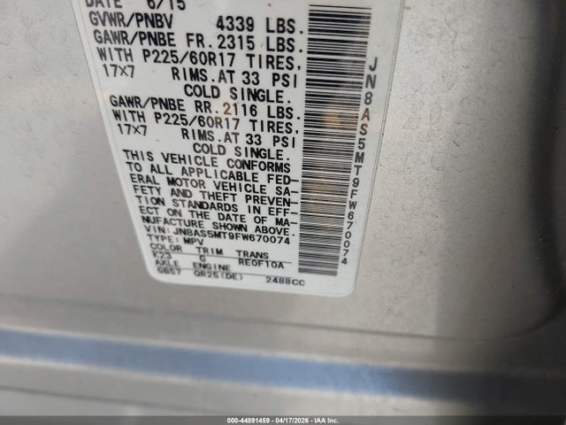 JN8AS5MT9FW670074 Nissan Rogue Select S