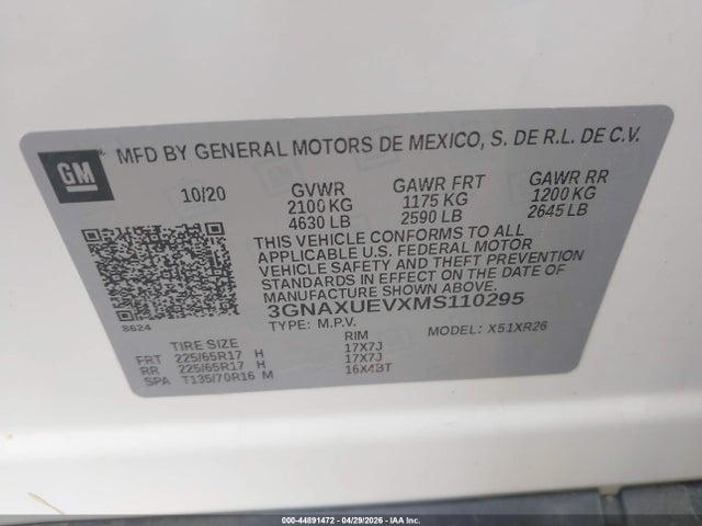 44891472 :رقم المزاد ، 3GNAXUEVXMS110295 vin ، 2021 Chevrolet Equinox Awd Lt مزاد بيع