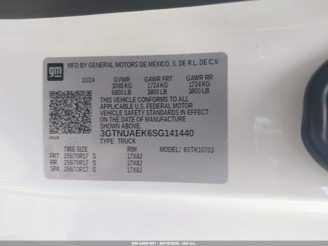 Aukcja sprzedaży 2025 Gmc Sierra 1500 4wd  Standard Box Pro, vin: 3GTNUAEK6SG141440, numer aukcji: 44891491
