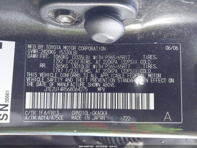 2006 Toyota 4runner Sr5 Sport V6 მანქანა იყიდება აუქციონზე, vin: JTEZU14R568064275, აუქციონის ნომერი: 44891497