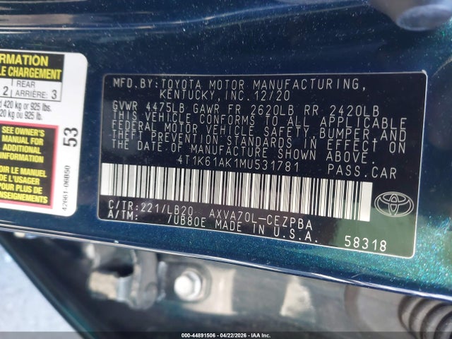 4T1K61AK1MU531781 Toyota CAMRY XSE