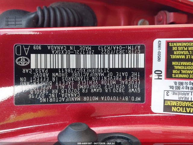 2016 Toyota Corolla S Plus მანქანა იყიდება აუქციონზე, vin: 2T1BURHEXGC718611, აუქციონის ნომერი: 44891507