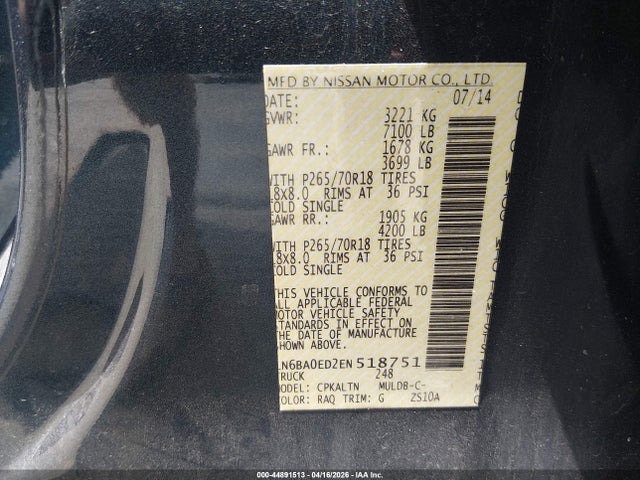 Продаж на аукціоні авто 2014 Nissan Titan Sv, vin: 1N6BA0ED2EN518751, номер лоту: 44891513