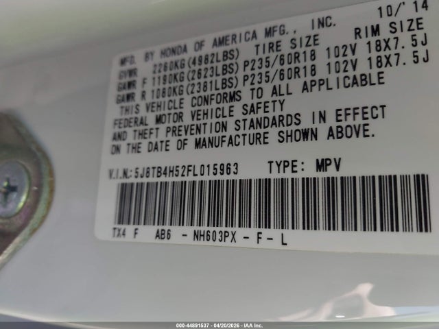 Aukcja sprzedaży 2015 Acura Rdx, vin: 5J8TB4H52FL015963, numer aukcji: 44891537