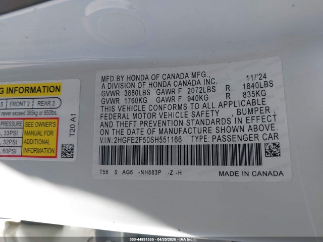 2025 Honda Civic Sport მანქანა იყიდება აუქციონზე, vin: 2HGFE2F50SH551166, აუქციონის ნომერი: 44891555
