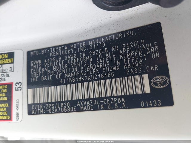 2019 TOYOTA CAMRY 4T1B61HK2KU218466 Photo 8