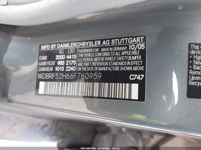44891560 :رقم المزاد ، WDBRF52H66F760959 vin ، 2006 Mercedes-benz C 230 Sport مزاد بيع