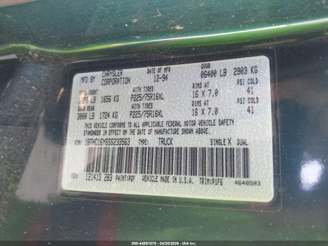 Aukcja sprzedaży 1995 Dodge Ram 1500, vin: 1B7HC16Y6SS233563, numer aukcji: 44891570