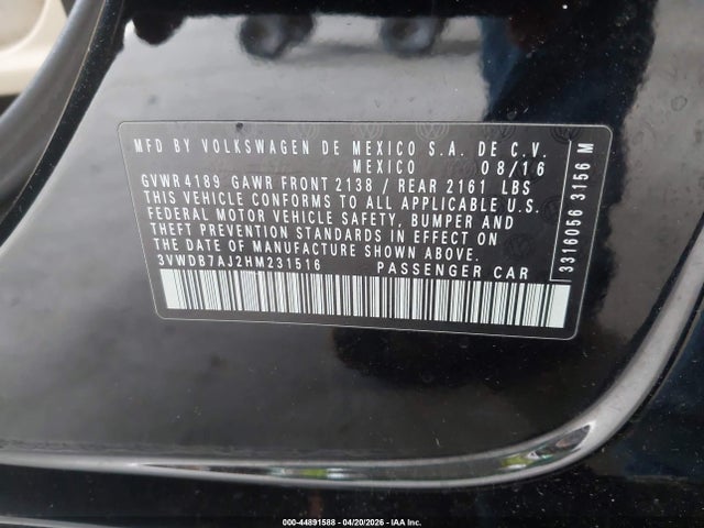 Продаж на аукціоні авто 2017 Volkswagen Jetta 1.4t Se, vin: 3VWDB7AJ2HM231516, номер лоту: 44891588