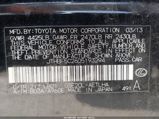 44891598 :رقم المزاد ، JTHBF5C26D5193294 vin ، 2013 Lexus Is 250 مزاد بيع