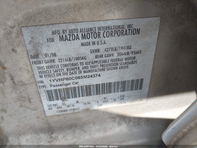 Продаж на аукціоні авто 2008 Mazda Mazda6 I Sport Ve, vin: 1YVHP80C085M24374, номер лоту: 44891603