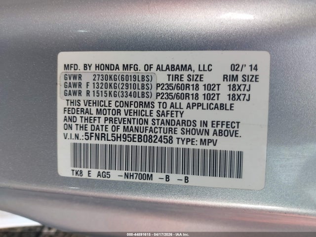 Продажа на аукционе авто 2014 Honda Odyssey Touring/touring Elite, vin: 5FNRL5H95EB082458, номер лота: 44891615