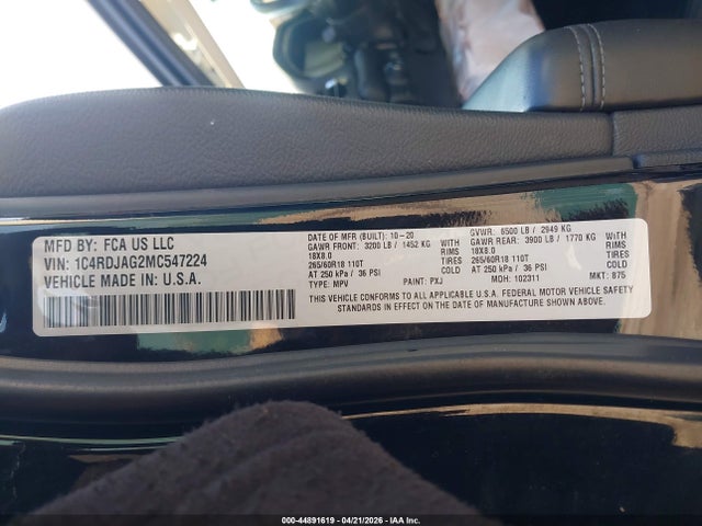 2021 Dodge Durango Sxt Plus Awd მანქანა იყიდება აუქციონზე, vin: 1C4RDJAG2MC547224, აუქციონის ნომერი: 44891619