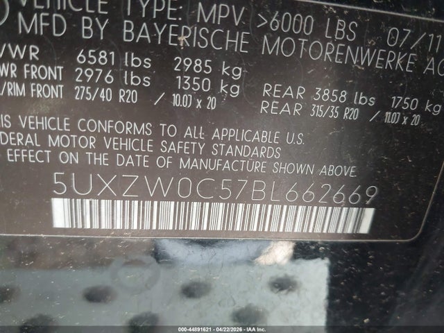 44891621 :رقم المزاد ، 5UXZW0C57BL662669 vin ، 2011 Bmw X5 Xdrive35d مزاد بيع