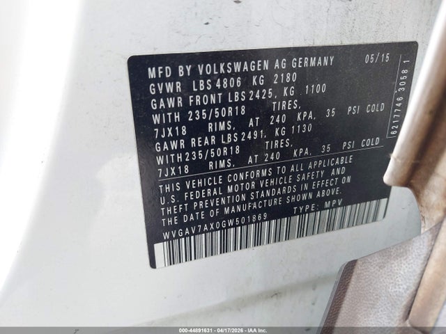 Aukcja sprzedaży 2016 Volkswagen Tiguan Se, vin: WVGAV7AX0GW501869, numer aukcji: 44891631