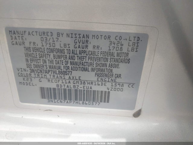 44891630 :رقم المزاد ، 3N1CN7AP7HL860577 vin ، 2017 Nissan Versa 1.6 Sv مزاد بيع