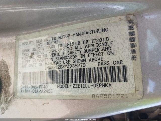 2000 Toyota Corolla Ve/ce/le მანქანა იყიდება აუქციონზე, vin: 1NXBR12E3YZ335279, აუქციონის ნომერი: 44891648
