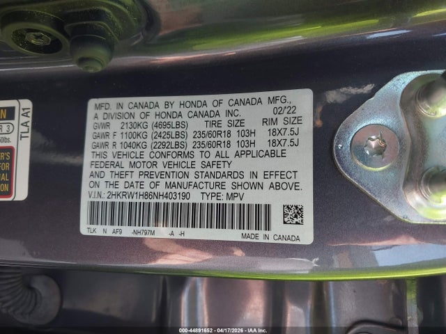 2HKRW1H86NH403190 Honda Cr-v 2wd Ex-l